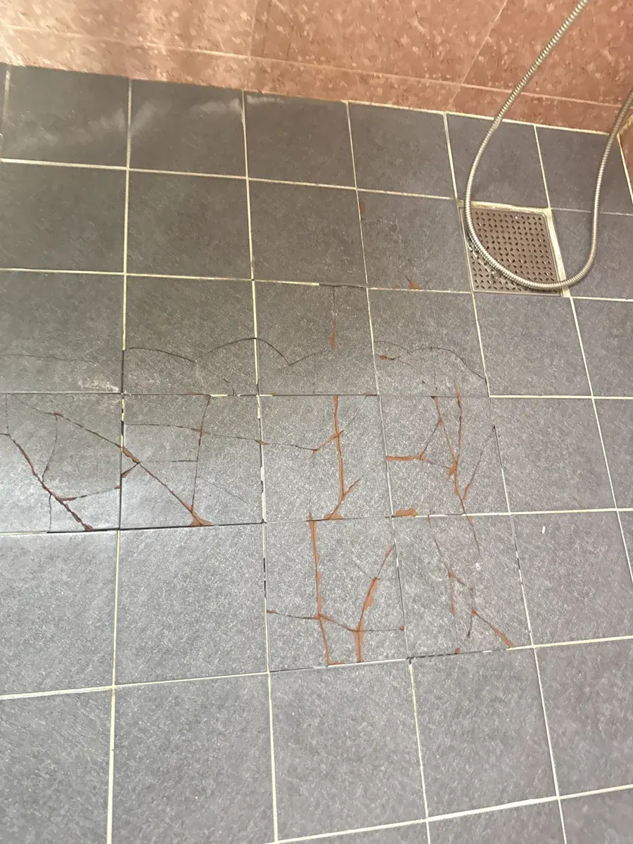 샤워부스 바닥타일 여러 장에 거미줄 모양 크랙이 퍼진 작업 전 실제 현장